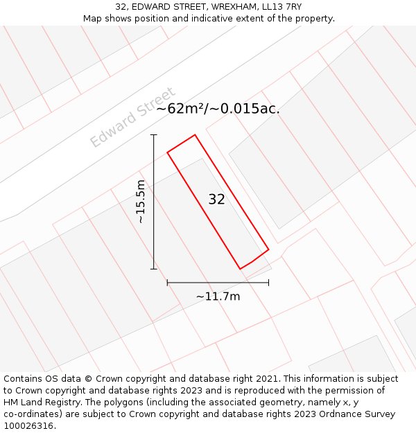 32, EDWARD STREET, WREXHAM, LL13 7RY: Plot and title map