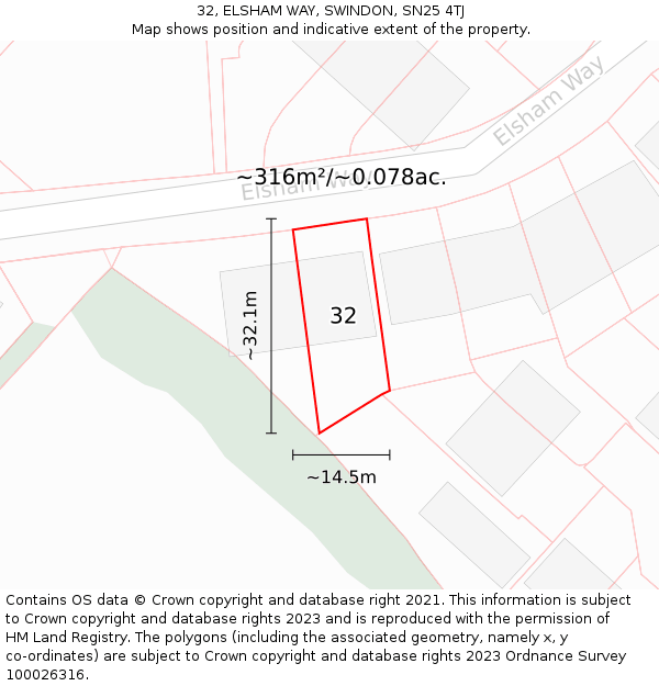 32, ELSHAM WAY, SWINDON, SN25 4TJ: Plot and title map