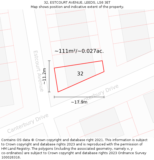 32, ESTCOURT AVENUE, LEEDS, LS6 3ET: Plot and title map