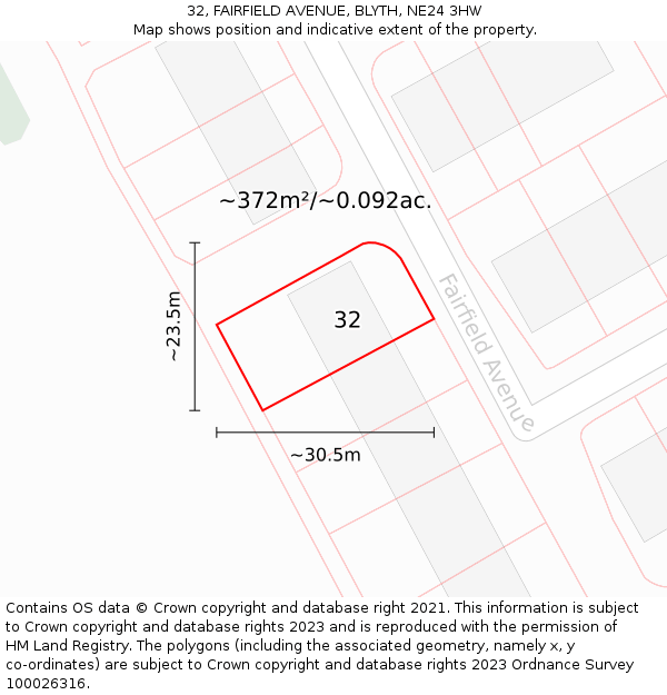 32, FAIRFIELD AVENUE, BLYTH, NE24 3HW: Plot and title map