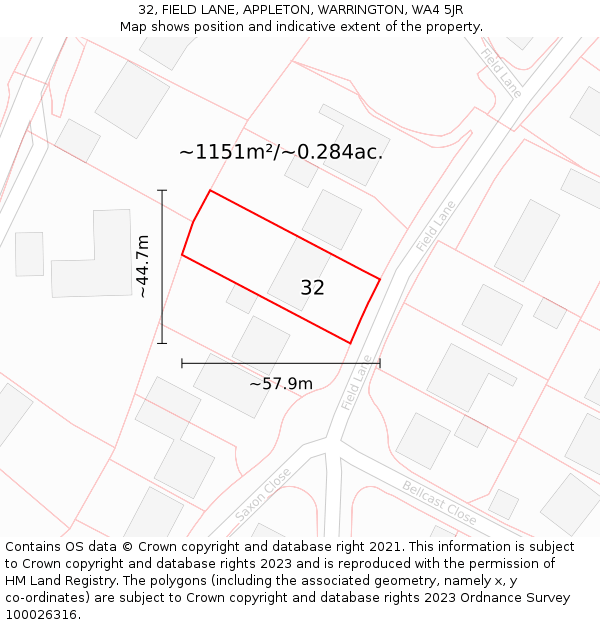 32, FIELD LANE, APPLETON, WARRINGTON, WA4 5JR: Plot and title map