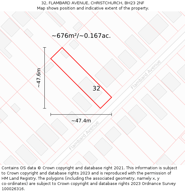 32, FLAMBARD AVENUE, CHRISTCHURCH, BH23 2NF: Plot and title map