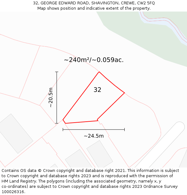 32, GEORGE EDWARD ROAD, SHAVINGTON, CREWE, CW2 5FQ: Plot and title map