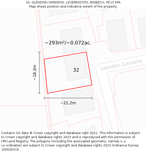 32, GLENDON GARDENS, LEVERINGTON, WISBECH, PE13 5FA: Plot and title map