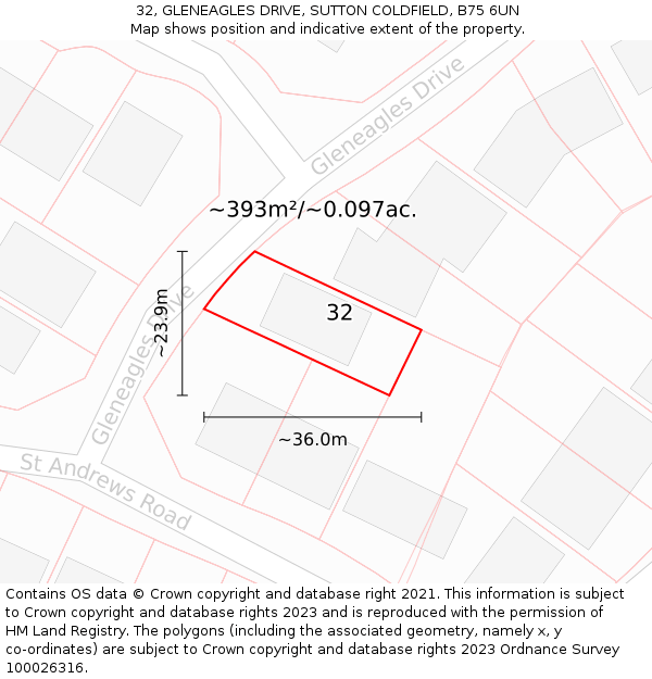 32, GLENEAGLES DRIVE, SUTTON COLDFIELD, B75 6UN: Plot and title map