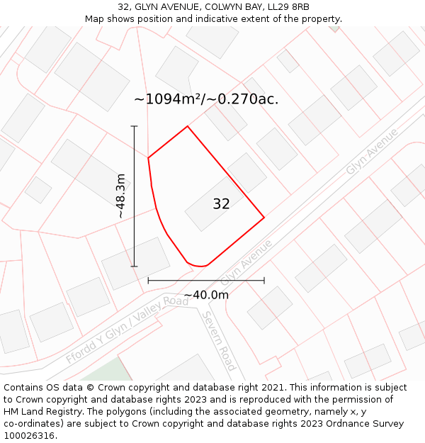 32, GLYN AVENUE, COLWYN BAY, LL29 8RB: Plot and title map