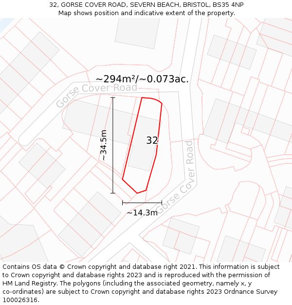 32, GORSE COVER ROAD, SEVERN BEACH, BRISTOL, BS35 4NP: Plot and title map
