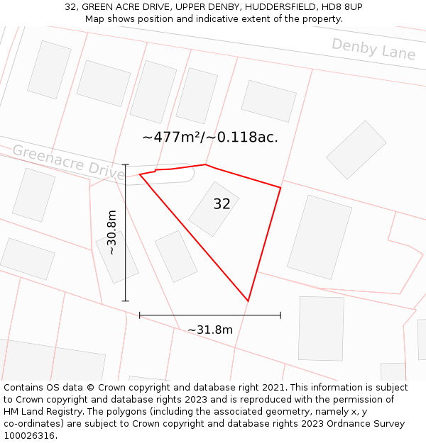 32, GREEN ACRE DRIVE, UPPER DENBY, HUDDERSFIELD, HD8 8UP: Plot and title map