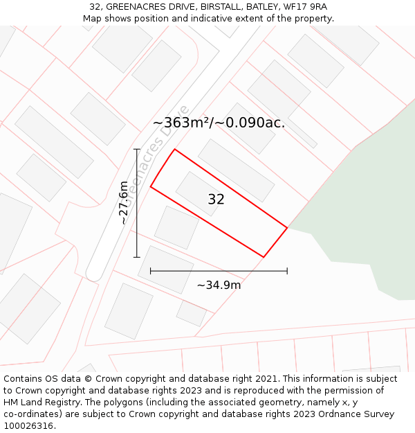 32, GREENACRES DRIVE, BIRSTALL, BATLEY, WF17 9RA: Plot and title map