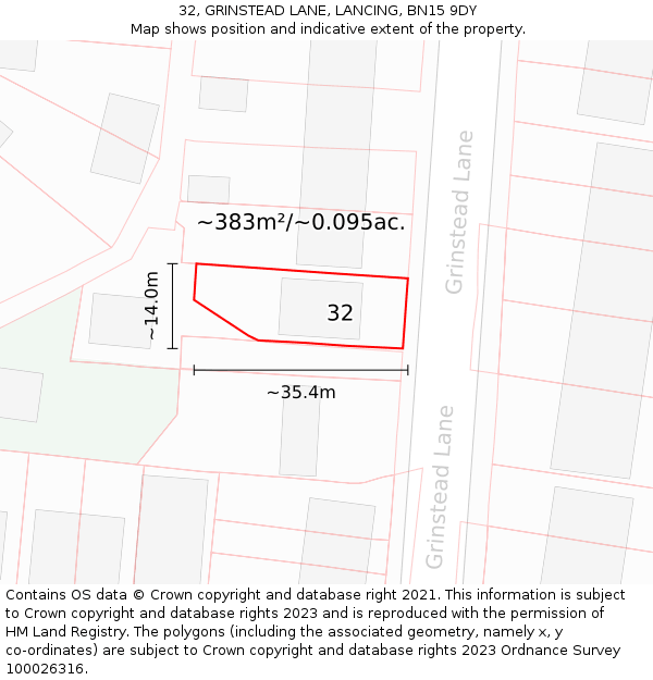 32, GRINSTEAD LANE, LANCING, BN15 9DY: Plot and title map