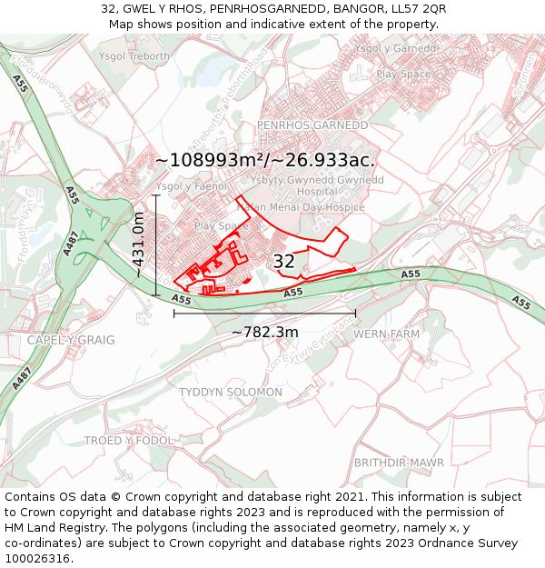 32, GWEL Y RHOS, PENRHOSGARNEDD, BANGOR, LL57 2QR: Plot and title map