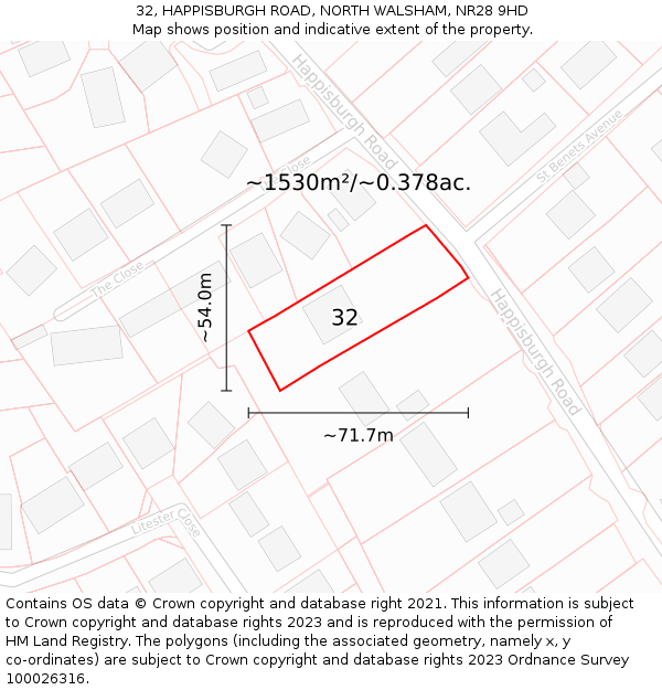32, HAPPISBURGH ROAD, NORTH WALSHAM, NR28 9HD: Plot and title map