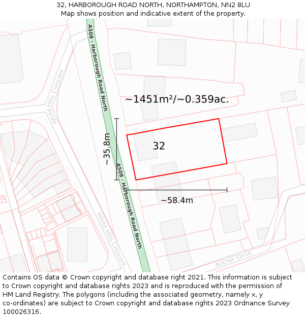 32, HARBOROUGH ROAD NORTH, NORTHAMPTON, NN2 8LU: Plot and title map