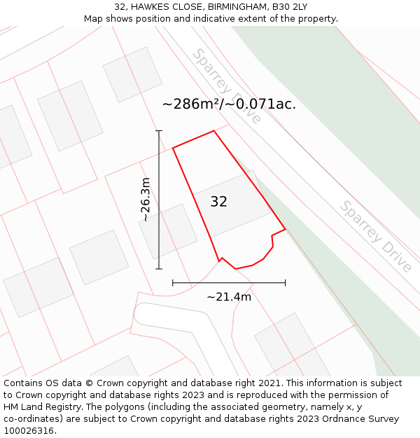 32, HAWKES CLOSE, BIRMINGHAM, B30 2LY: Plot and title map