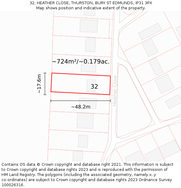 32, HEATHER CLOSE, THURSTON, BURY ST EDMUNDS, IP31 3PX: Plot and title map