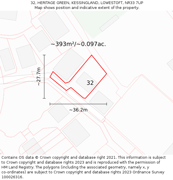 32, HERITAGE GREEN, KESSINGLAND, LOWESTOFT, NR33 7UP: Plot and title map