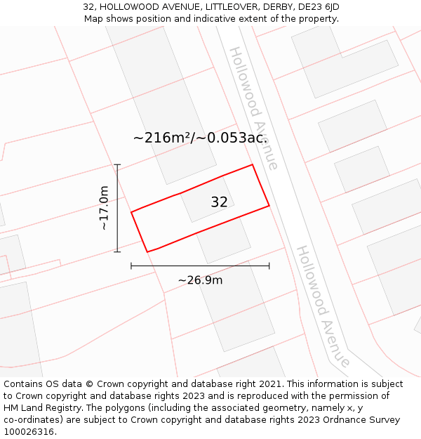 32, HOLLOWOOD AVENUE, LITTLEOVER, DERBY, DE23 6JD: Plot and title map