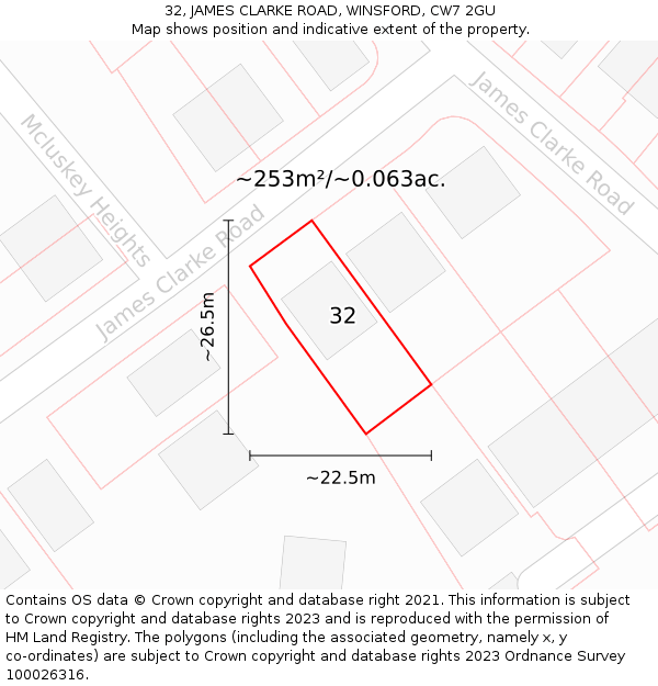 32, JAMES CLARKE ROAD, WINSFORD, CW7 2GU: Plot and title map