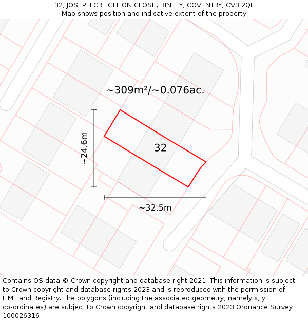 32, JOSEPH CREIGHTON CLOSE, BINLEY, COVENTRY, CV3 2QE: Plot and title map