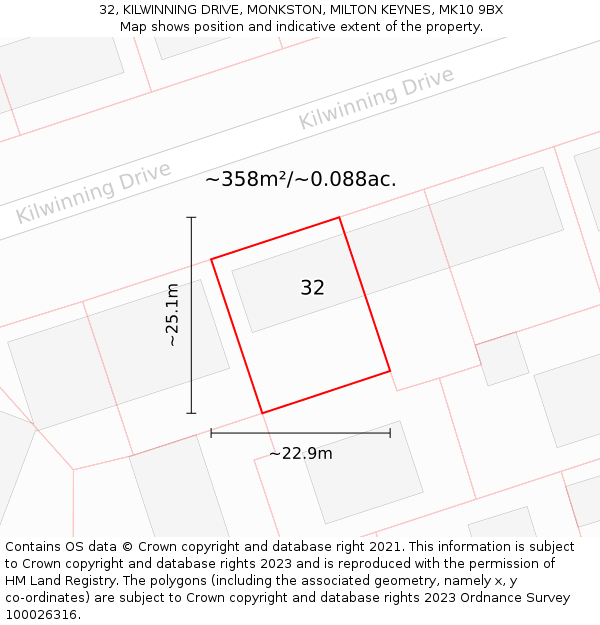 32, KILWINNING DRIVE, MONKSTON, MILTON KEYNES, MK10 9BX: Plot and title map