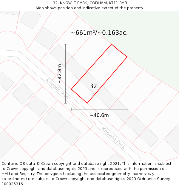 32, KNOWLE PARK, COBHAM, KT11 3AB: Plot and title map