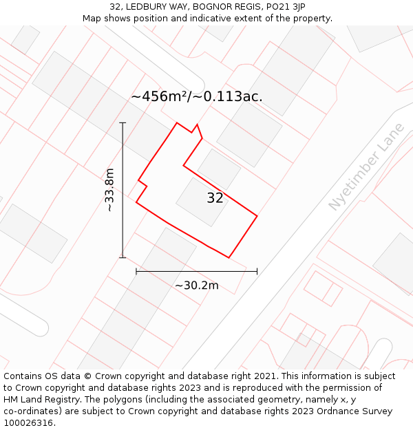 32, LEDBURY WAY, BOGNOR REGIS, PO21 3JP: Plot and title map