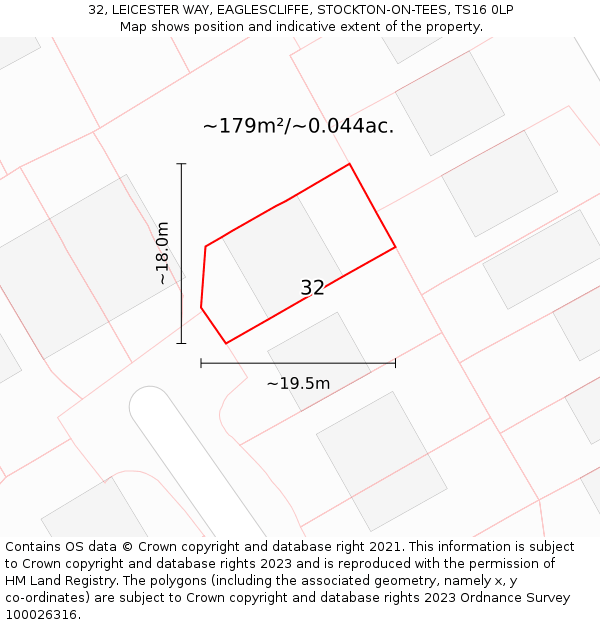 32, LEICESTER WAY, EAGLESCLIFFE, STOCKTON-ON-TEES, TS16 0LP: Plot and title map