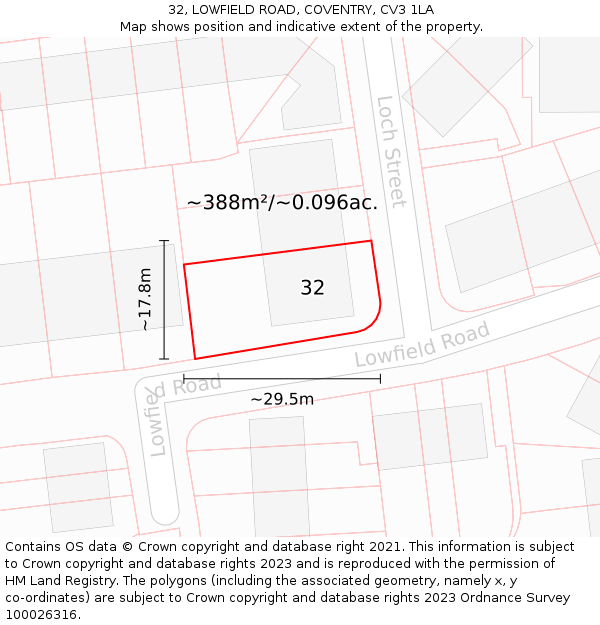 32, LOWFIELD ROAD, COVENTRY, CV3 1LA: Plot and title map