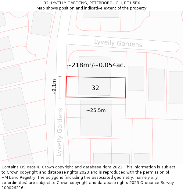 32, LYVELLY GARDENS, PETERBOROUGH, PE1 5RX: Plot and title map