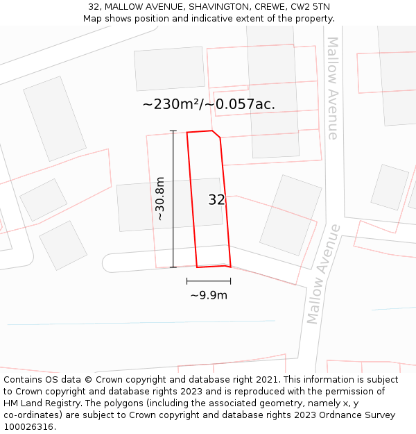 32, MALLOW AVENUE, SHAVINGTON, CREWE, CW2 5TN: Plot and title map