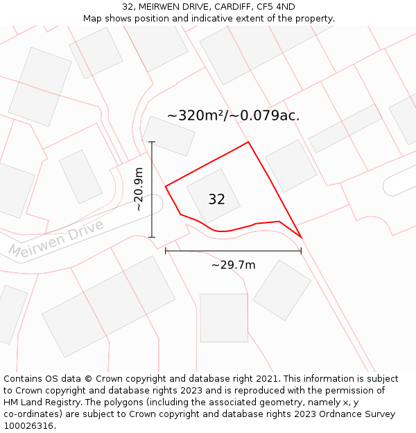 32, MEIRWEN DRIVE, CARDIFF, CF5 4ND: Plot and title map