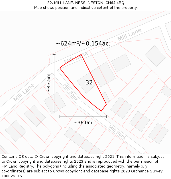 32, MILL LANE, NESS, NESTON, CH64 4BQ: Plot and title map