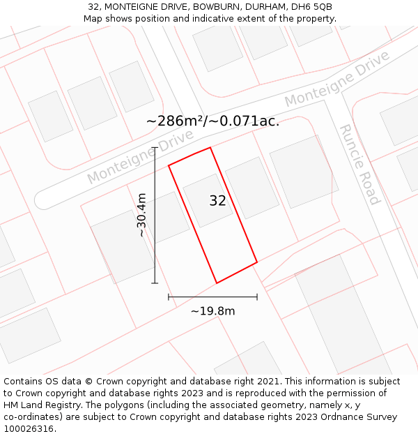 32, MONTEIGNE DRIVE, BOWBURN, DURHAM, DH6 5QB: Plot and title map