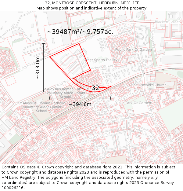 32, MONTROSE CRESCENT, HEBBURN, NE31 1TF: Plot and title map