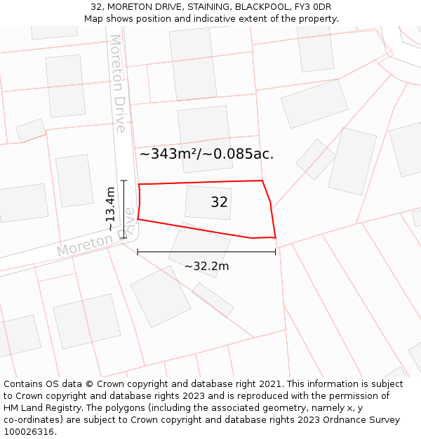 32, MORETON DRIVE, STAINING, BLACKPOOL, FY3 0DR: Plot and title map