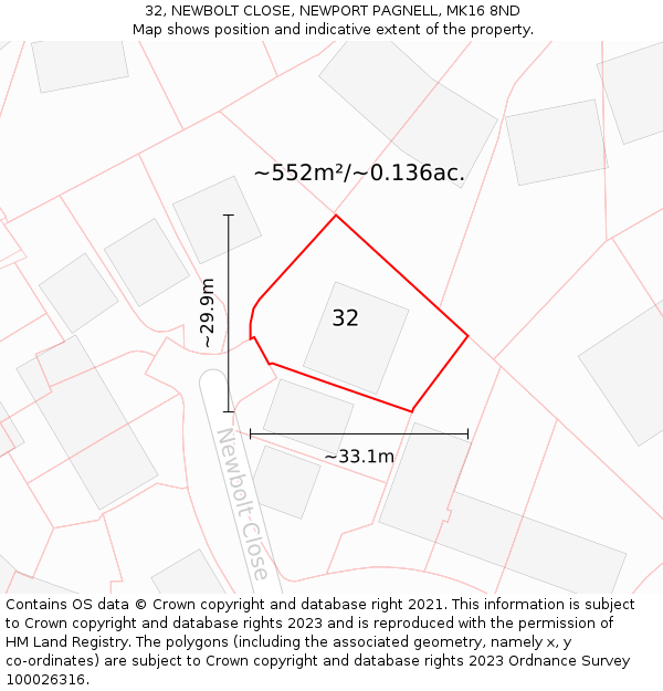 32, NEWBOLT CLOSE, NEWPORT PAGNELL, MK16 8ND: Plot and title map