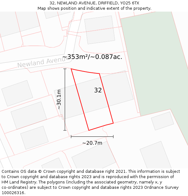 32, NEWLAND AVENUE, DRIFFIELD, YO25 6TX: Plot and title map