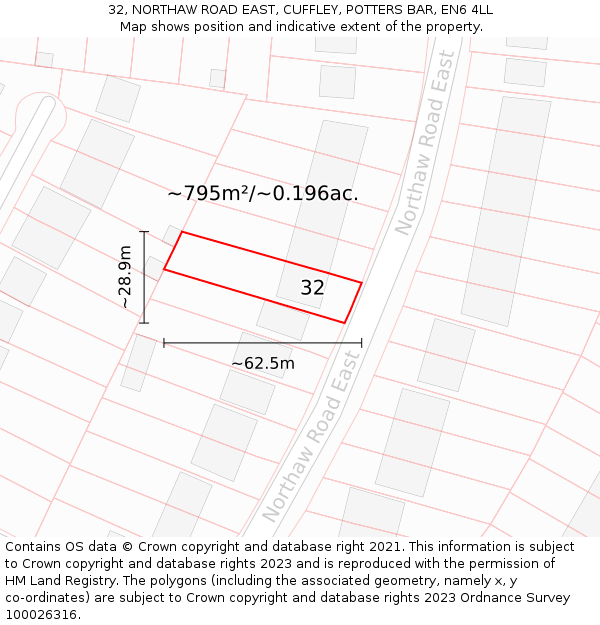 32, NORTHAW ROAD EAST, CUFFLEY, POTTERS BAR, EN6 4LL: Plot and title map