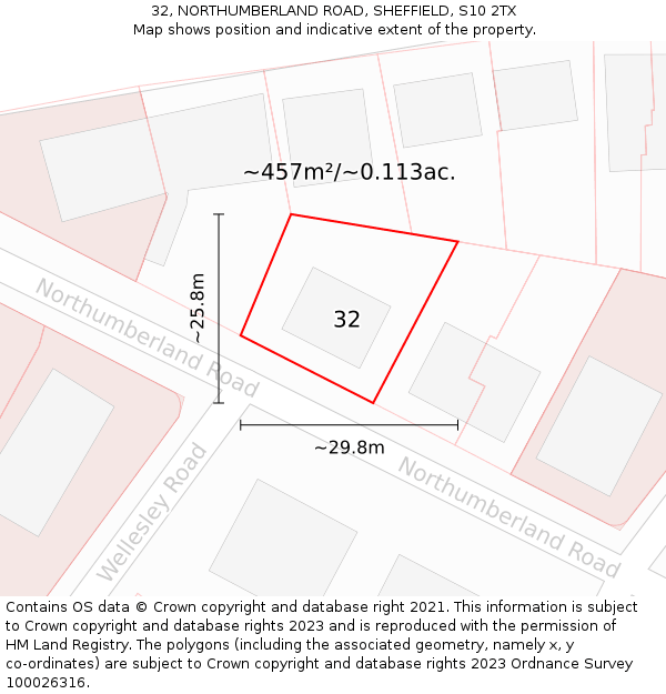 32, NORTHUMBERLAND ROAD, SHEFFIELD, S10 2TX: Plot and title map