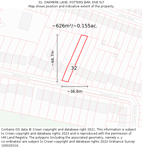 32, OAKMERE LANE, POTTERS BAR, EN6 5LT: Plot and title map