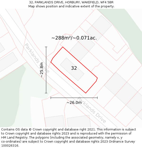 32, PARKLANDS DRIVE, HORBURY, WAKEFIELD, WF4 5BR: Plot and title map