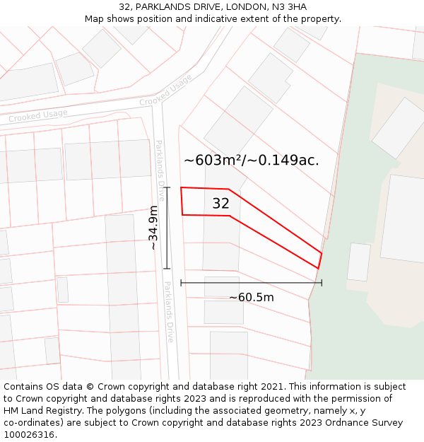 32, PARKLANDS DRIVE, LONDON, N3 3HA: Plot and title map