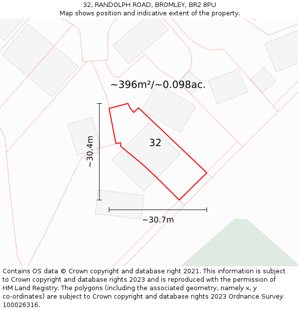 32, RANDOLPH ROAD, BROMLEY, BR2 8PU: Plot and title map