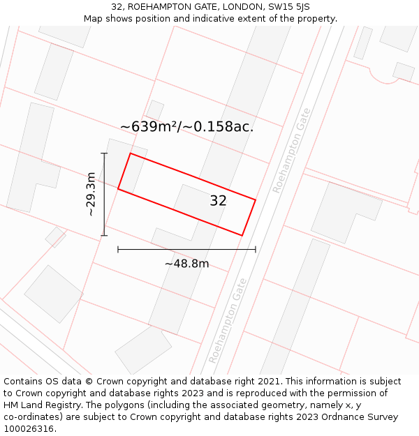 32, ROEHAMPTON GATE, LONDON, SW15 5JS: Plot and title map