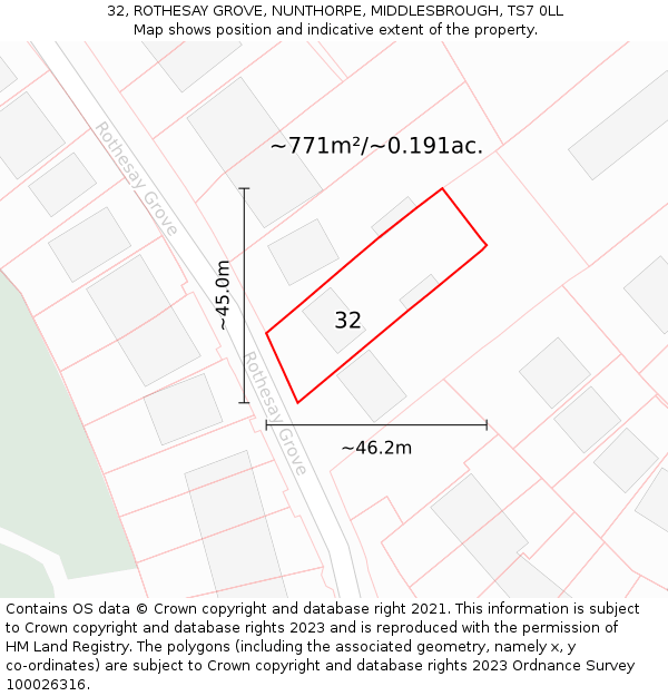 32, ROTHESAY GROVE, NUNTHORPE, MIDDLESBROUGH, TS7 0LL: Plot and title map