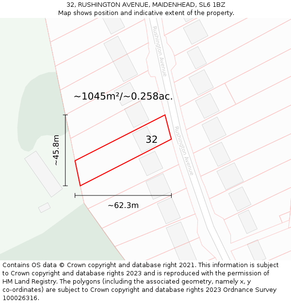 32, RUSHINGTON AVENUE, MAIDENHEAD, SL6 1BZ: Plot and title map