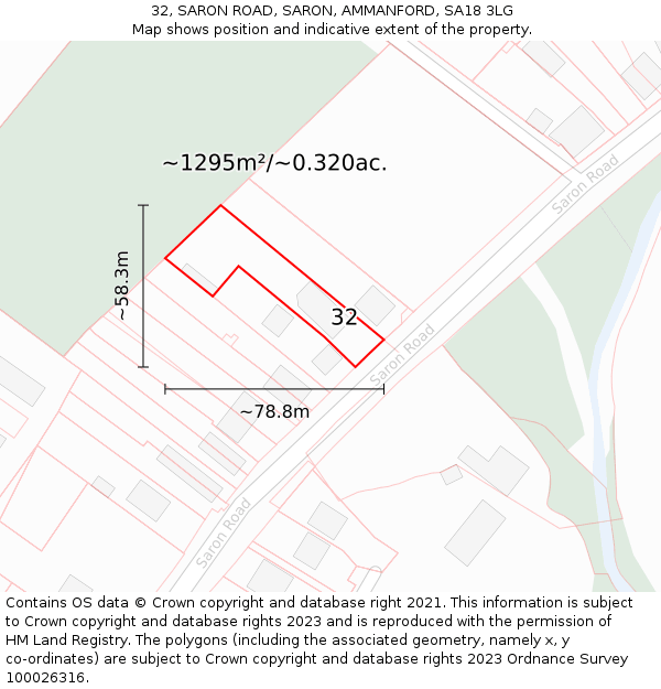 32, SARON ROAD, SARON, AMMANFORD, SA18 3LG: Plot and title map