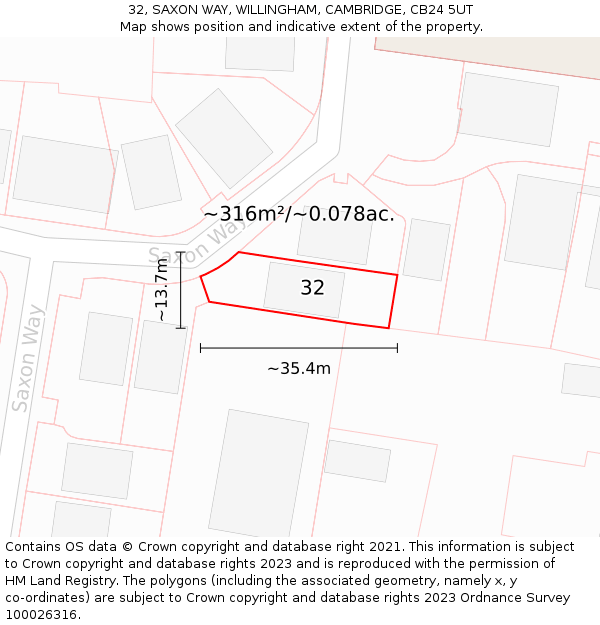 32, SAXON WAY, WILLINGHAM, CAMBRIDGE, CB24 5UT: Plot and title map