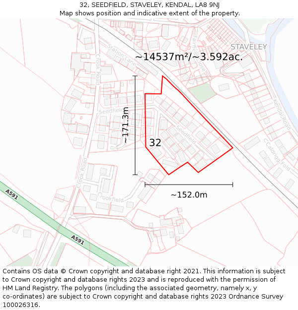 32, SEEDFIELD, STAVELEY, KENDAL, LA8 9NJ: Plot and title map