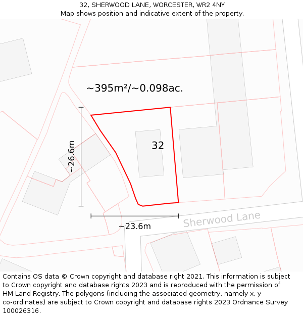 32, SHERWOOD LANE, WORCESTER, WR2 4NY: Plot and title map